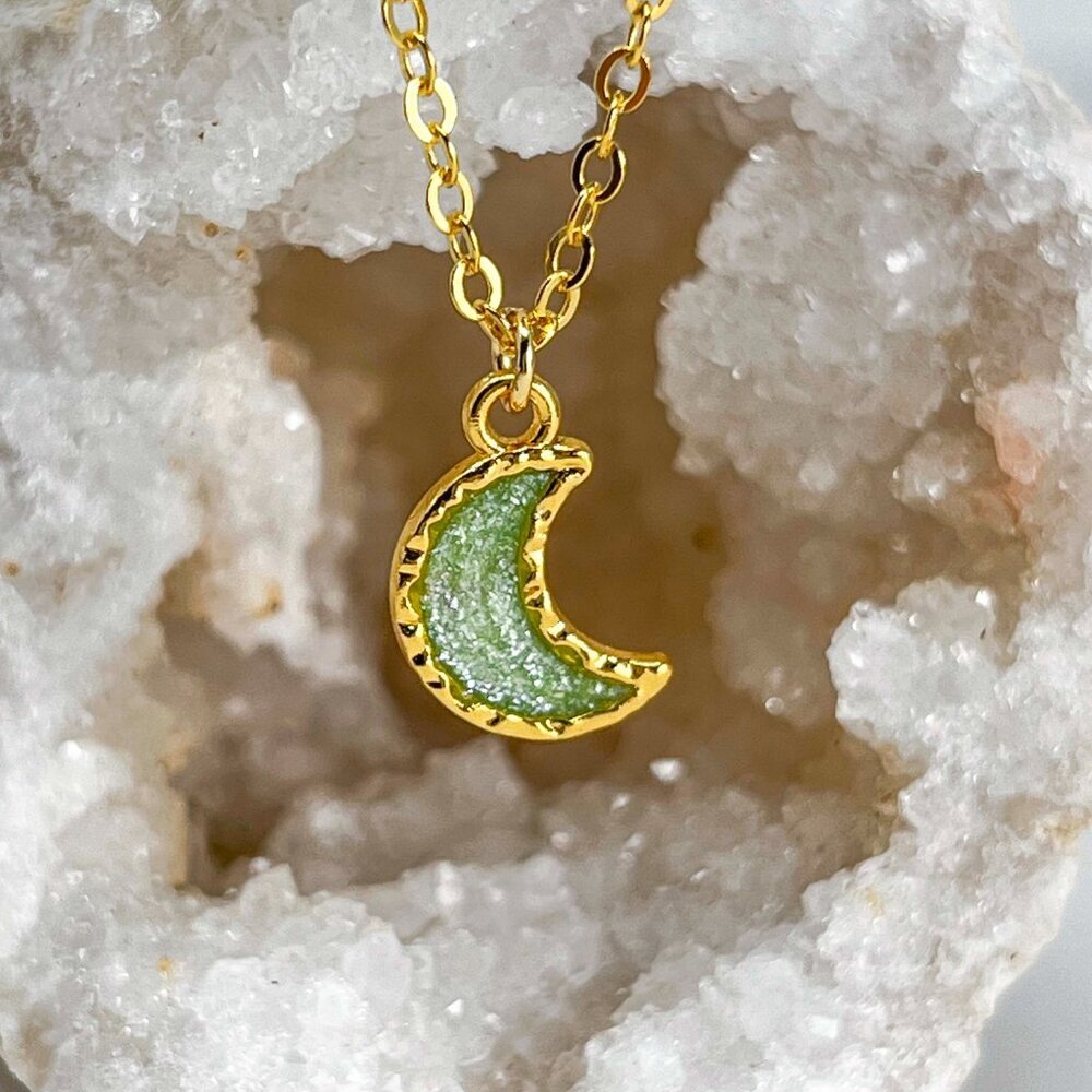 3/$20 14k Gold Green Glitter Resin Moon Charm Handmade Pendant Necklace